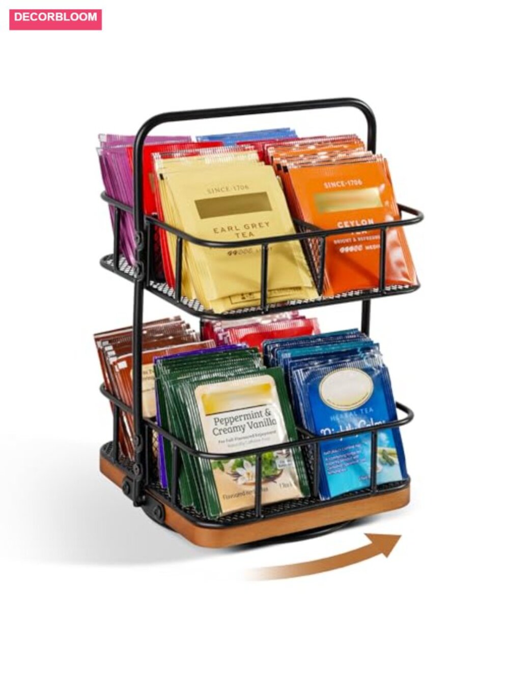 Rotating 2 Tier Tea Bag Organizer 360° Spinning Acacia Wood Base 8 Basket